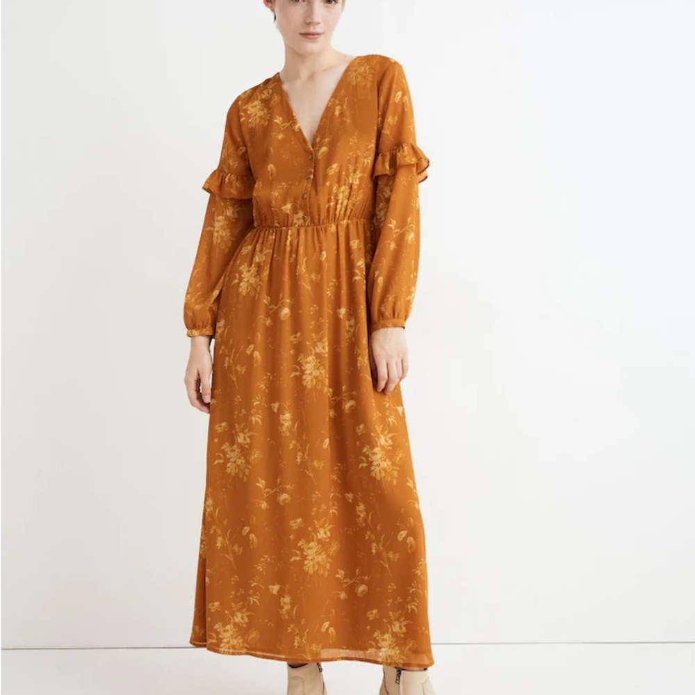 Madewell Ruffle-Sleeve Button-Front Dress in Tonal Botanical